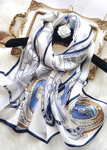 Blue and white versatile nautical era long silk scarf