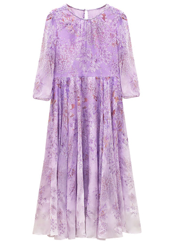 Purple gradient half sleeve floral silk dress front