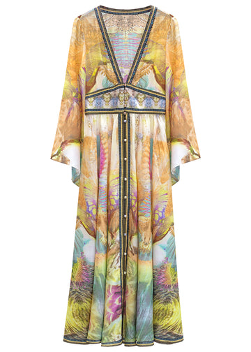Deep V-neck silk women butterfly sleeve dress front