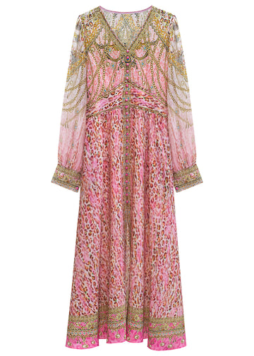 Pink V-neck leopard print silk dress front