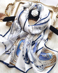 Blue and white versatile nautical era long silk scarf