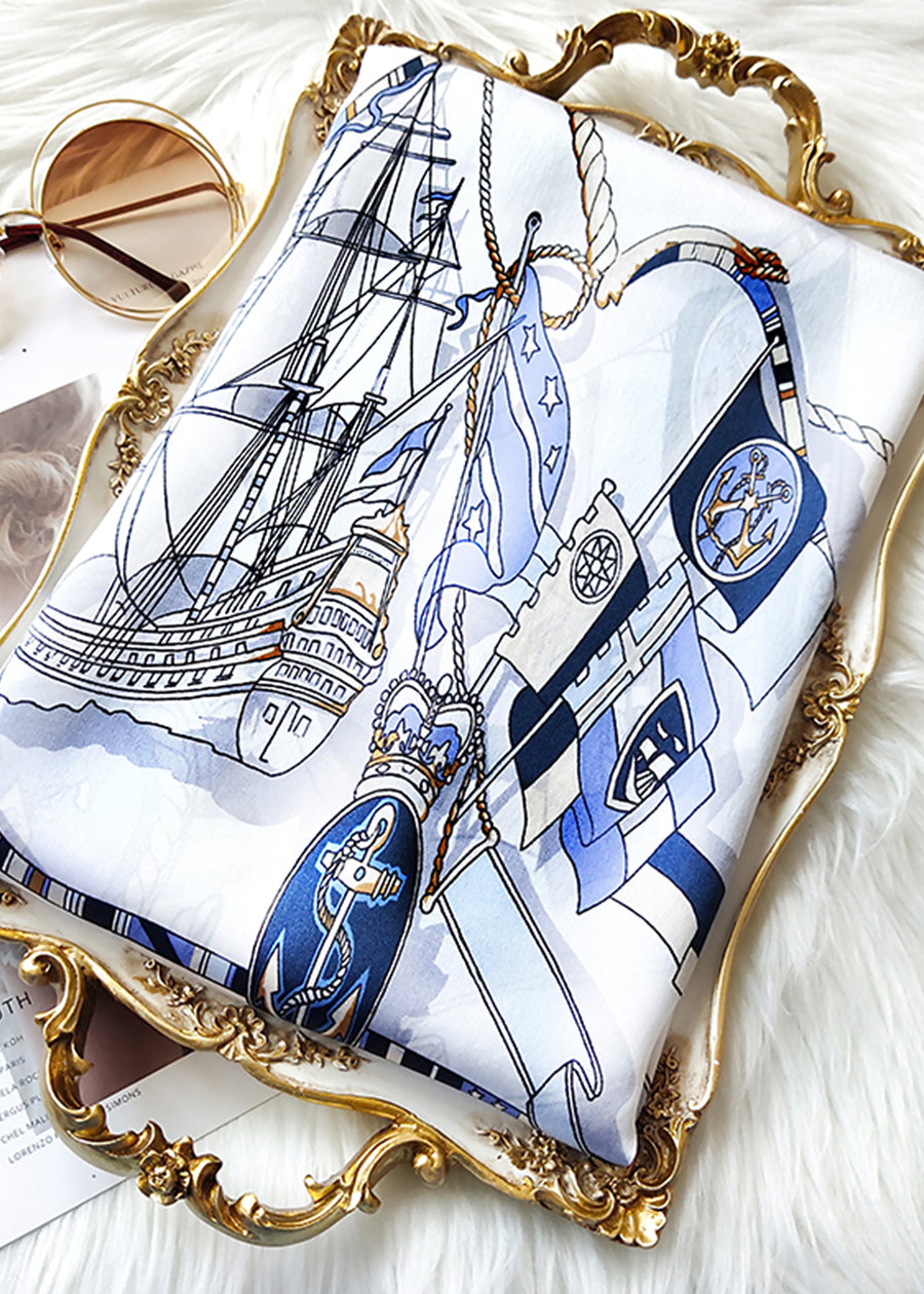 Blue and white versatile nautical era long silk scarf-1