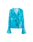 Blue loose ruffled silk women blouse front