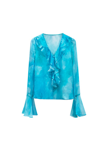 Blue loose ruffled silk women blouse front