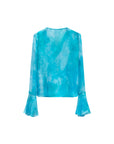 Blue loose ruffled silk women blouse back