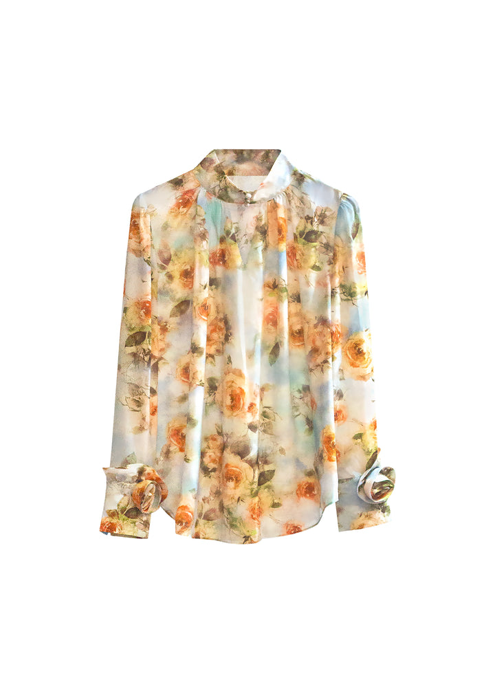 Dimensional floral long-sleeve commuter blouse front view