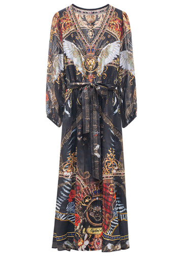 Black wide sleeve lion king pattern maxi dress front