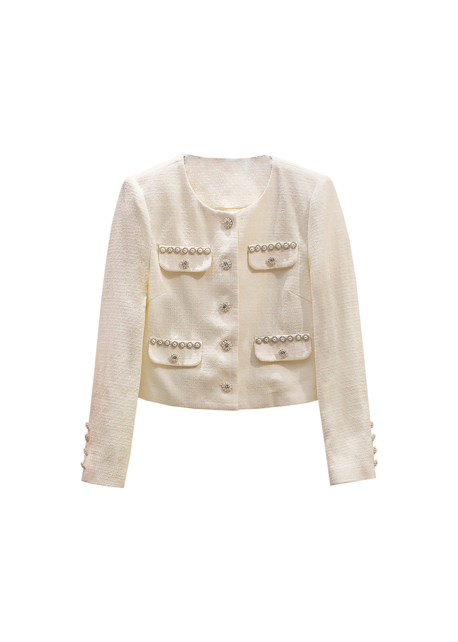 White chambray beaded short women's three-piece set the coat front