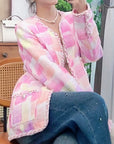 Pink plaid women's tweed coat model drawing-1