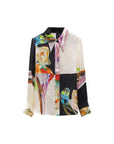 Black and white lapel abstract print silk blouse front