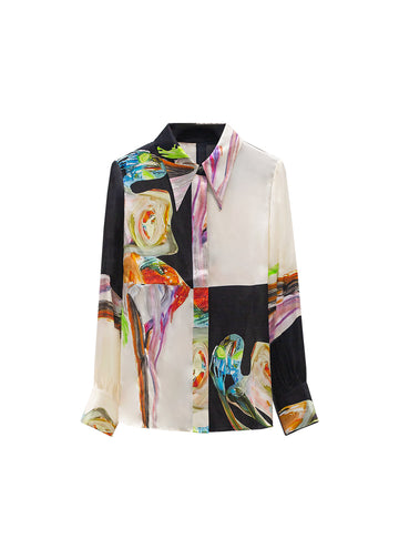 Black and white lapel abstract print silk blouse front
