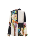 Black and white lapel abstract print silk blouse back