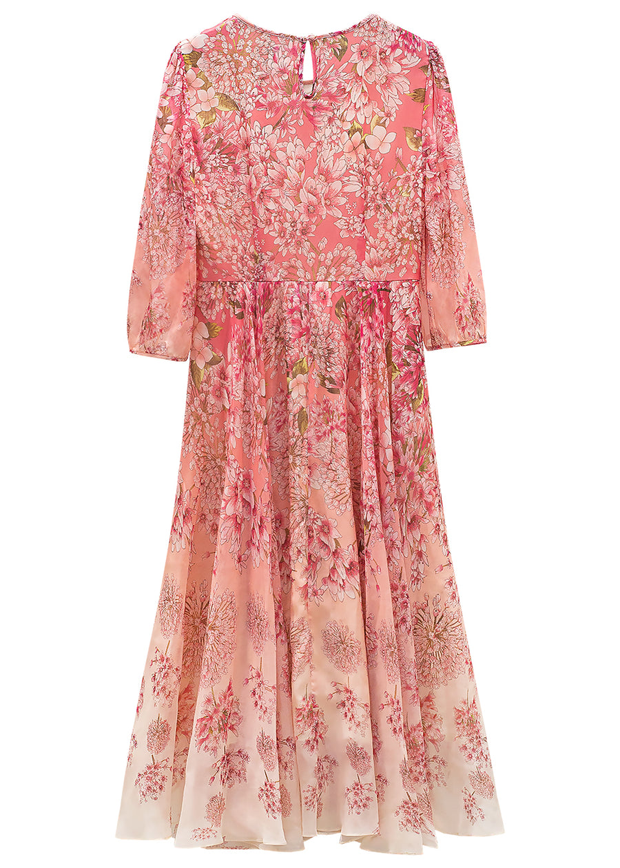 Pink gradient half sleeve floral silk dress back