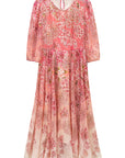 Pink gradient half sleeve floral silk dress front