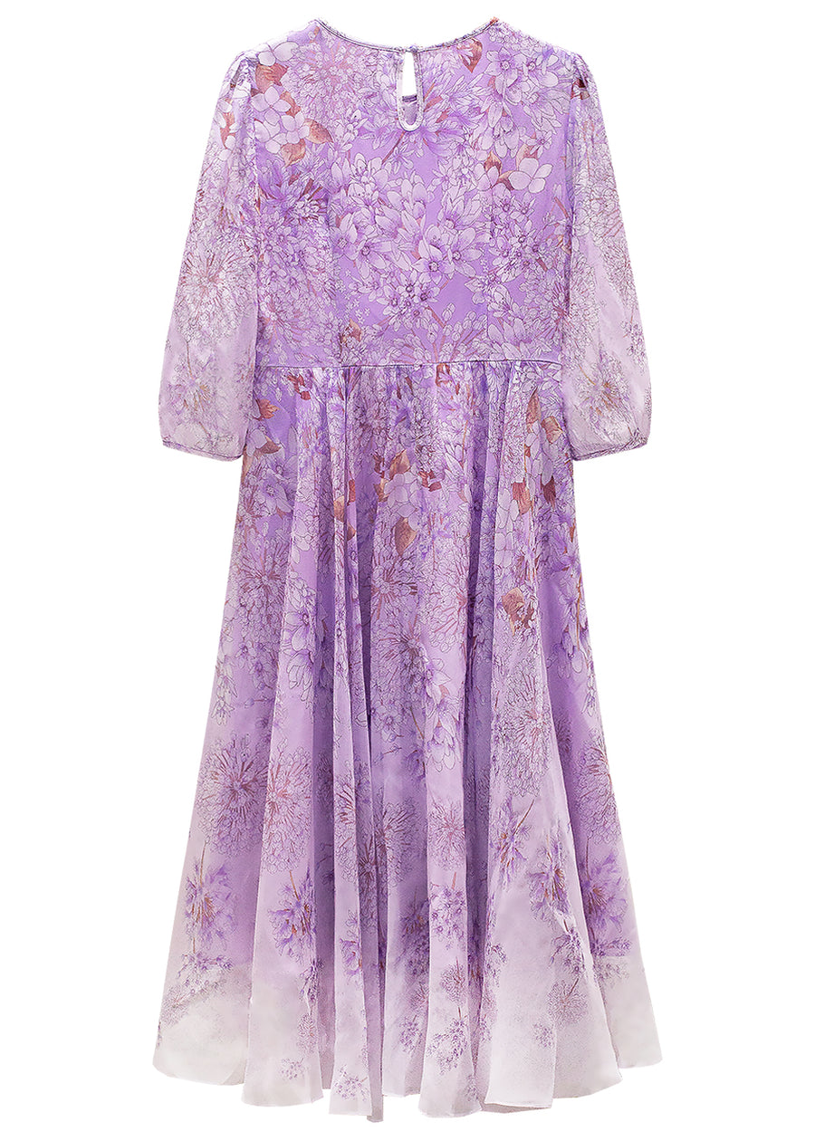 Purple gradient half sleeve floral silk dress back