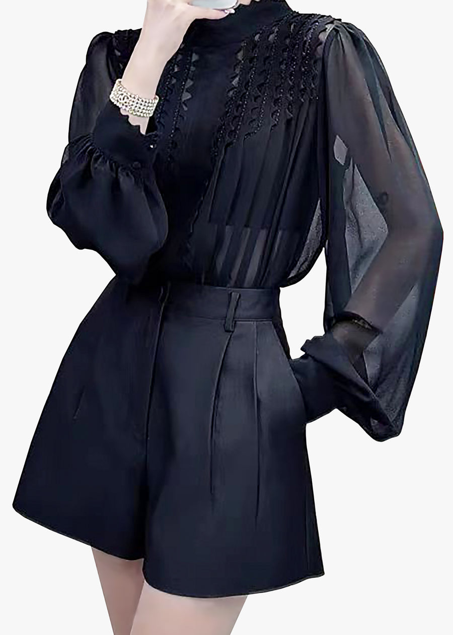 Black translucent women long sleeve blouse model drawing