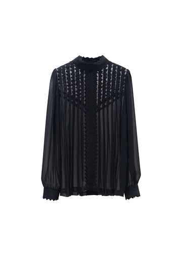 Black translucent women long sleeve blouse front