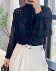 Black translucent women long sleeve blouse model drawing-1