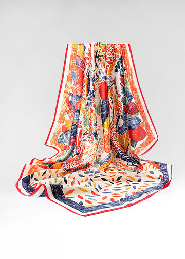 Square orange oil painting printed silk women scarf
