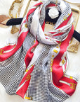 Red versatile colorblocked plaid printed long silk scarf