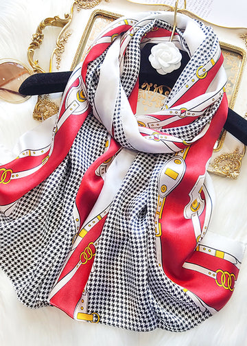 Red versatile colorblocked plaid printed long silk scarf
