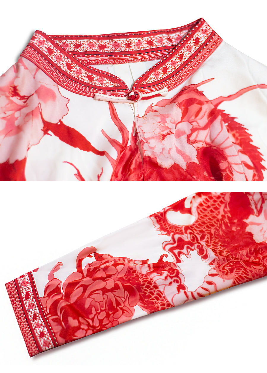 Red floral loong prints blouse detailed drawing