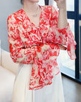 Pink petals loose ruffled silk blouse model picture