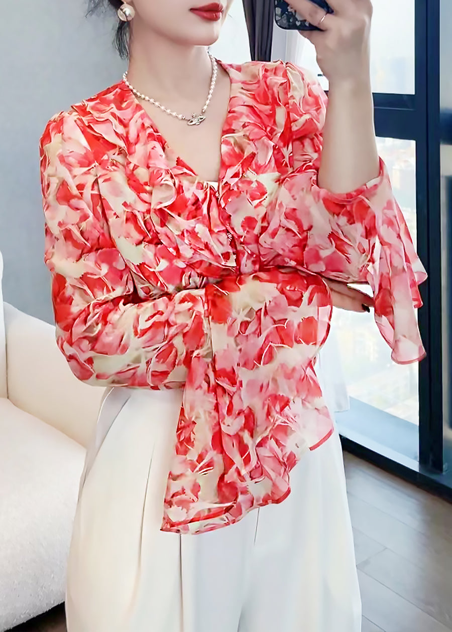 Pink petals loose ruffled silk blouse model picture