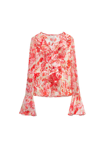 Pink petals loose ruffled silk blouse front