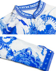 Blue floral loong prints blouse detailed drawing