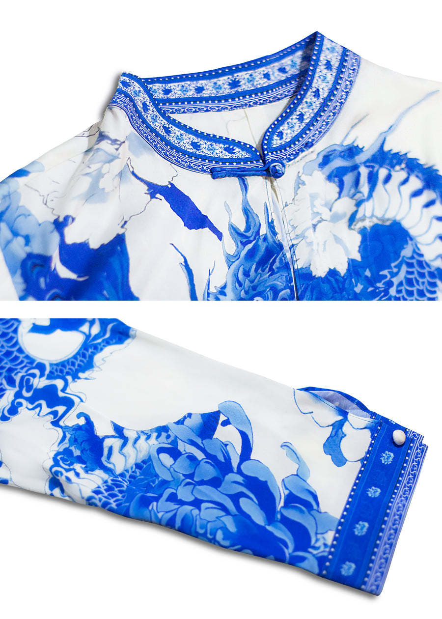 Blue floral loong prints blouse detailed drawing