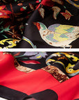 Red and black square flower and bird printed silk scarf-1