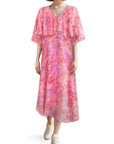 Cape sleeve pink printed silk dress