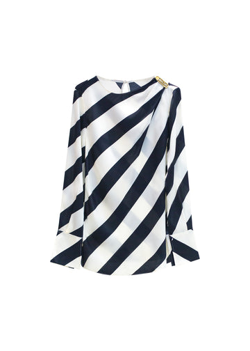 Black and white stripes flutter belt women's blouse front