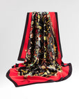 Red and black square flower and bird printed silk scarf