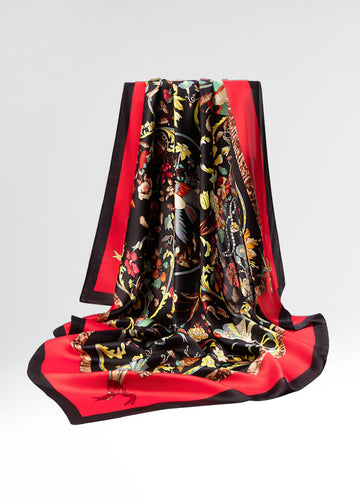 Red and black square flower and bird printed silk scarf