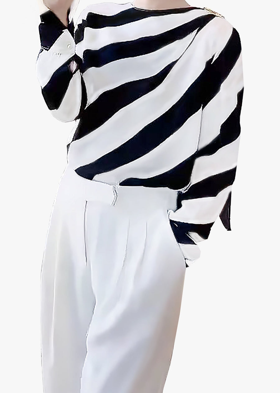 Black and white stripes flutter belt women's blouse model picture