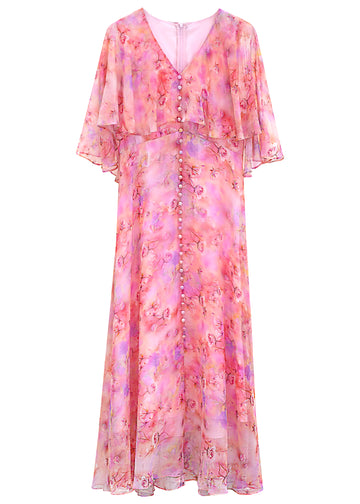 Cape sleeve pink printed silk dress