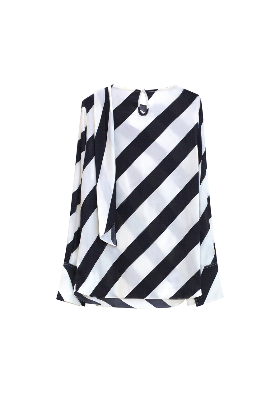 Black and white stripes flutter belt women's blouse back