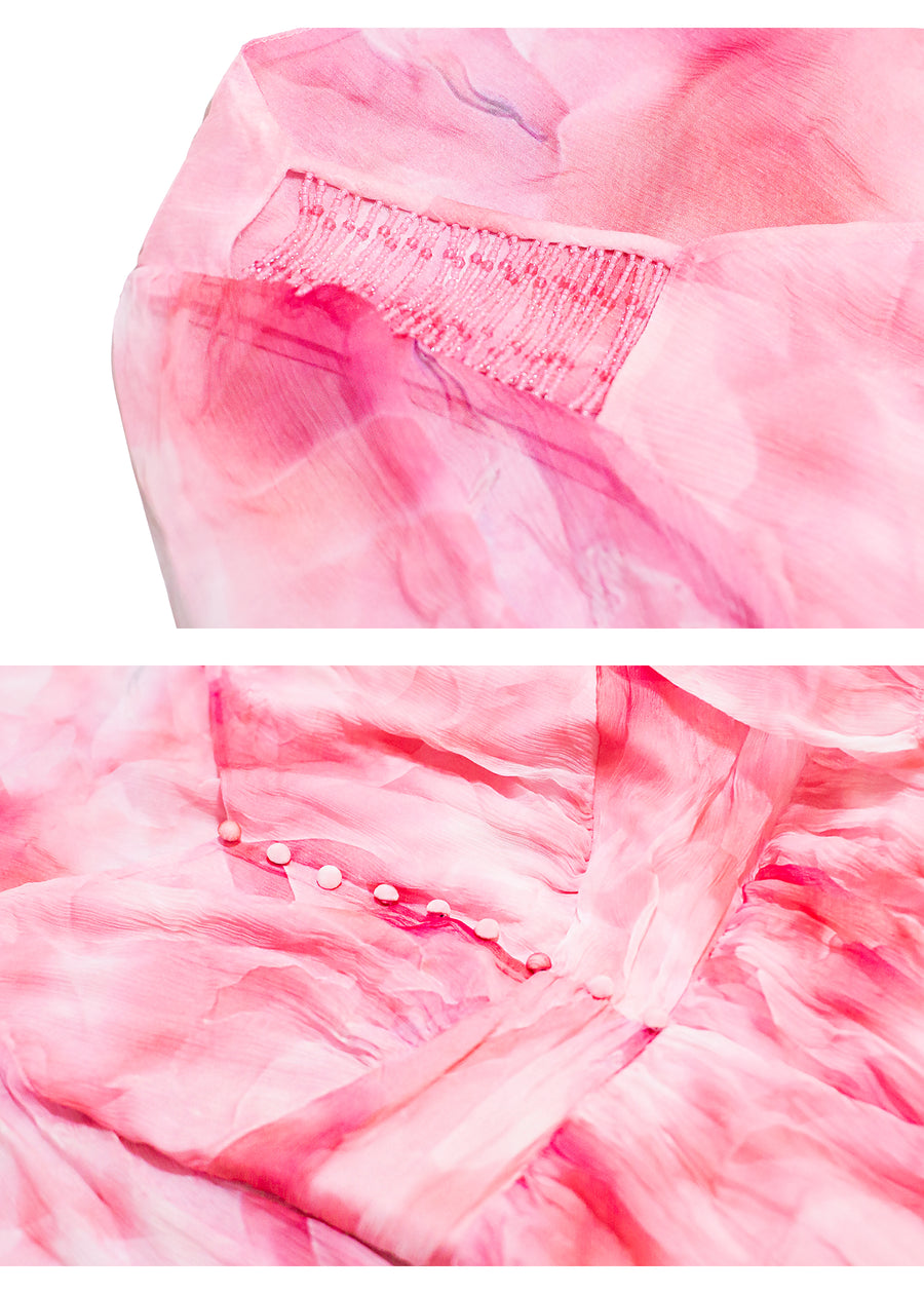 Pink smudge prints long dress detailed drawing