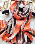 Orange long striped printed versatile long silk scarf