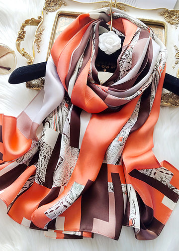 Orange long striped printed versatile long silk scarf