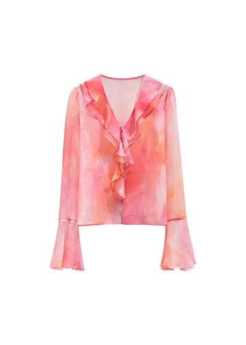 Ruffled loose pink silk blouse front