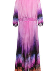 Purple half sleeve hemline women silk dress back