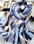 Light blue long striped printed versatile long silk scarf