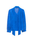 Blue versatile loose women V-neck blouse front