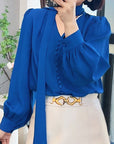 Blue versatile loose women V-neck blouse model drawing