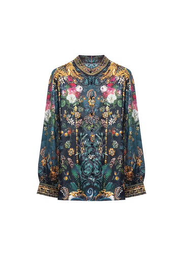 Forest retro silk long sleeve blouse front