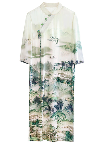 Oriental green landscape painting print dress