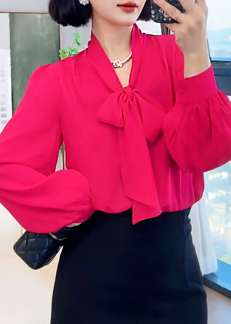Rose red versatile loose women V-neck blouse model drawing